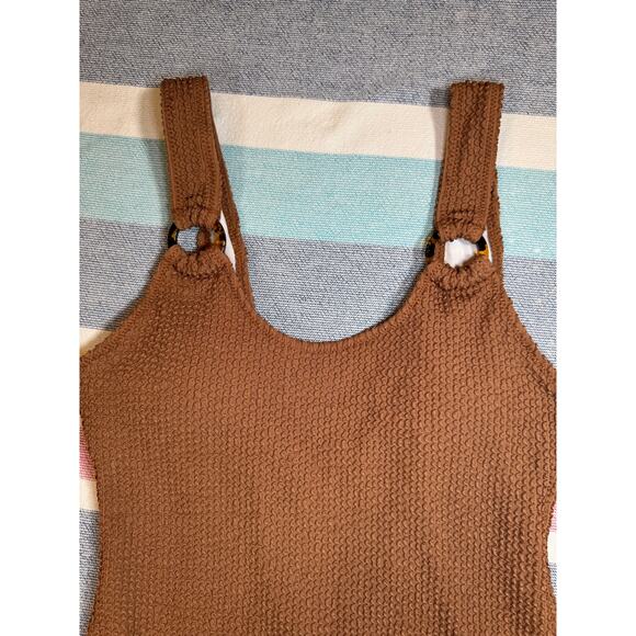 NWOT Brown Smocked One-Piece Swimsuit with Tortoise Ring Detail - Size S - Picture 2 of 6